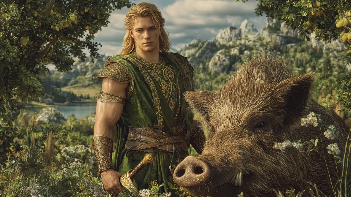 Freyr, Norse god standing in a lush green meadow is handsome with golden hair, wearing a simple yet regal tunic of green and gold, at his side a majestic boar, Gullinbursti, his sacred companion