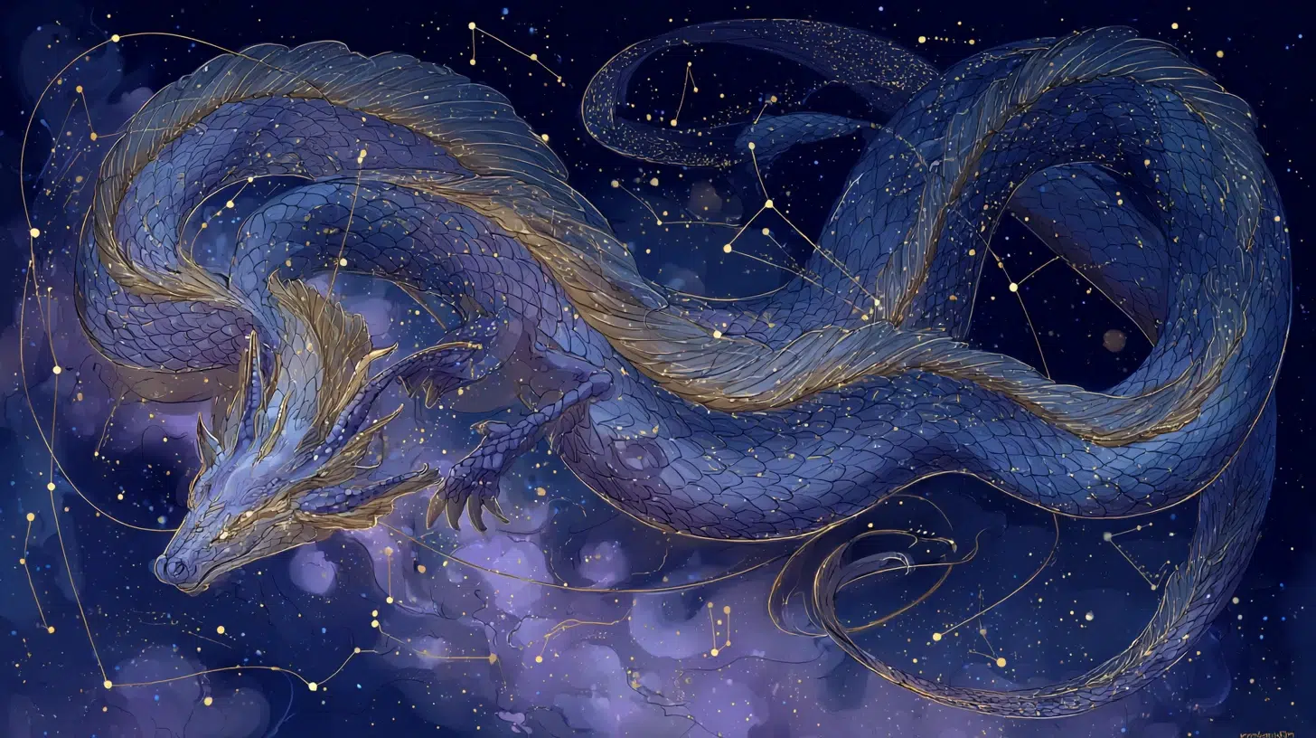 Ladon, the mighty dragon of Greek mythology, ascends into the night sky. His long, serpentine body coils gracefully among the stars, shimmering with silver and gold scales.