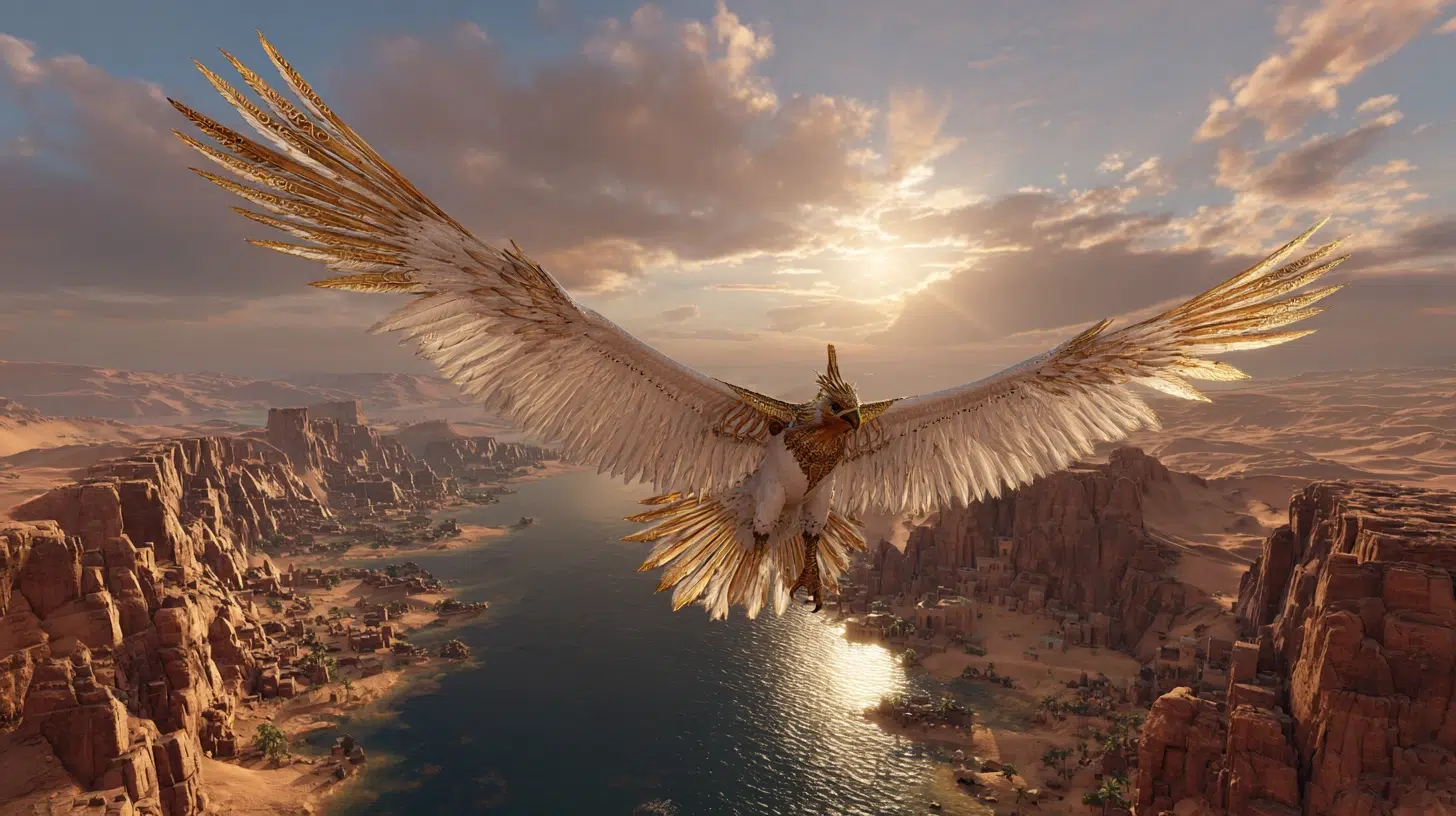 High above the ancient city of Nekheb, the vulture goddess Nekhbet soars gracefully through the golden sky. Her white wings stretch wide, shimmering with divine light as she gazes down upon the temples and the Nile below