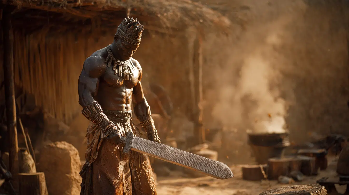 Ogun, the Yoruba god of iron and war, stands in the centre of a village of Irê. His bronze skin glows under the harsh sun, muscles tense, holding a gleaming iron sword streaked with light