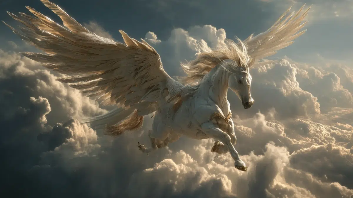 a white winged horse flies through the clouds