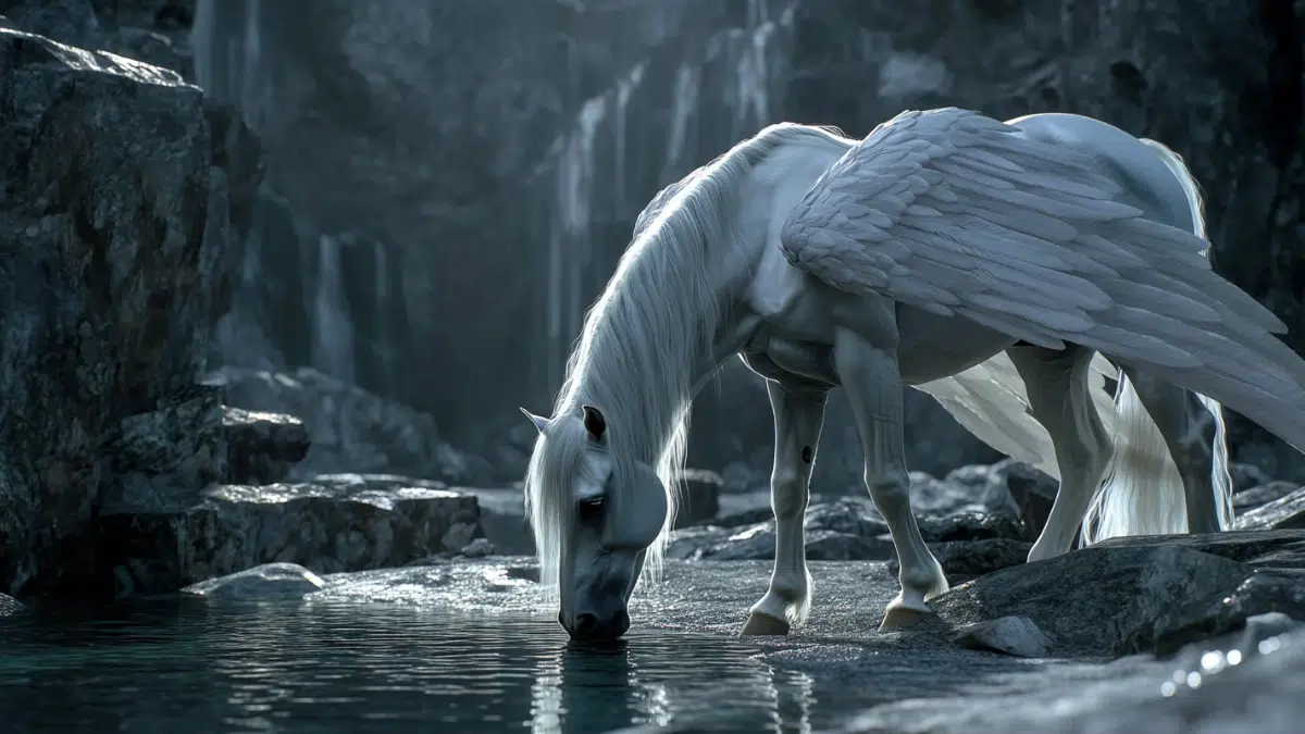 an elegant white winged horse sips at a stream