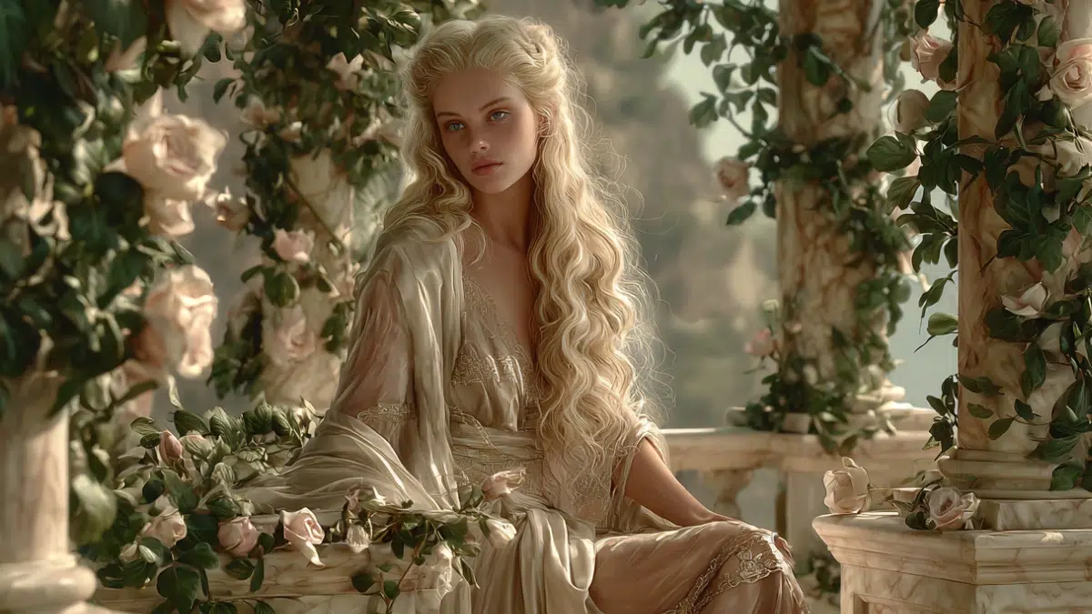the beautiful Psyche with long blond hair sits outside in a courtyard of roses