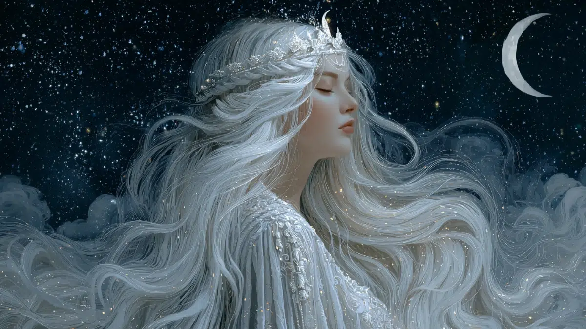 Selene, the Greek goddess of the moon, her long, flowing hair shines like moonlight, and her pale skin reflects the stars around her