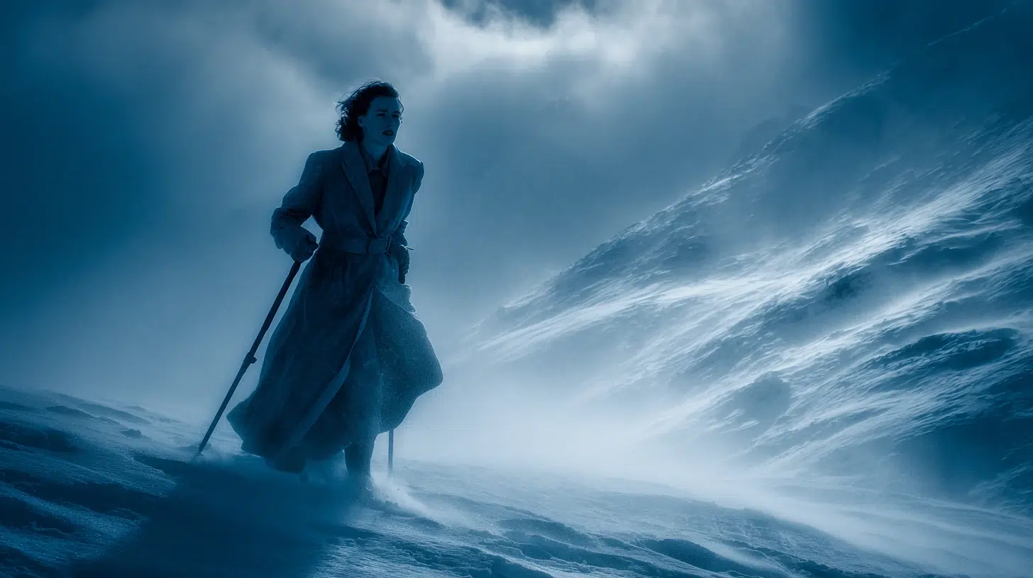 Virginia Hall struggles with crutches across the snow in the Pyrennes