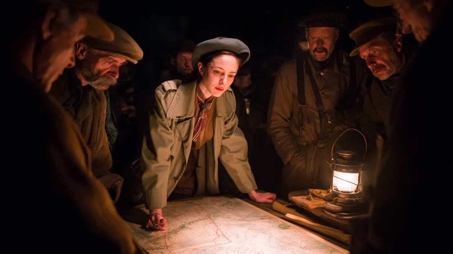 Virginia Hall standing over a map briefing resistance fighters