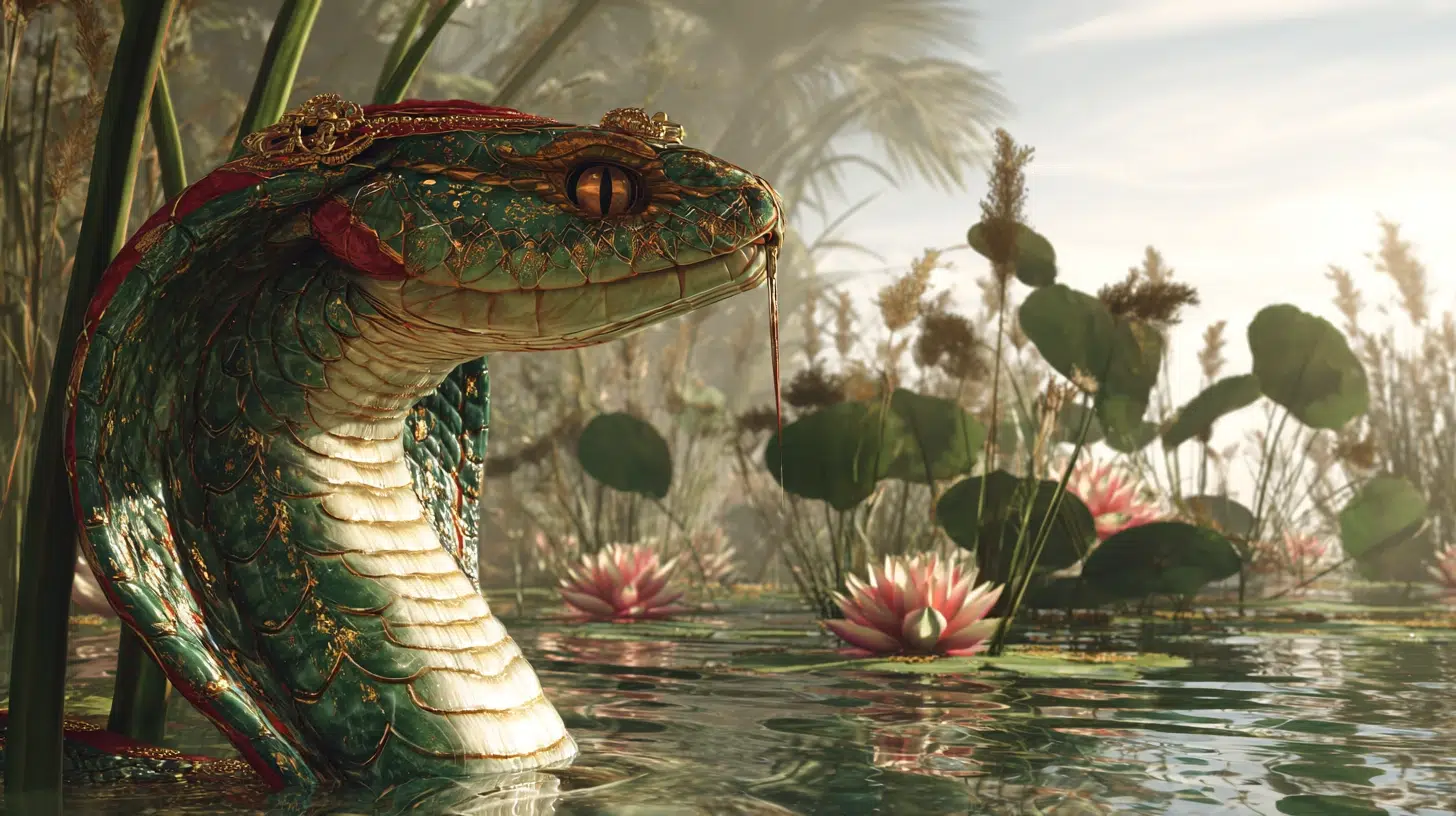 Wadjet, the Cobra Goddess of the Green Delta A majestic cobra goddess rises from the lush, green marshlands of the Nile Delta. Her scales shimmer with emerald and gold, reflecting sunlight on the rippling water