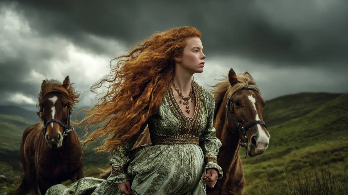 Celtic goddess Macha, visibly pregnant yet strong and determined, sprinting at full speed beside two royal warhorses, overtaking them in a dramatic race, Irish landscape with rolling green hills and storm clouds gathering overhead, her long red hair flowing