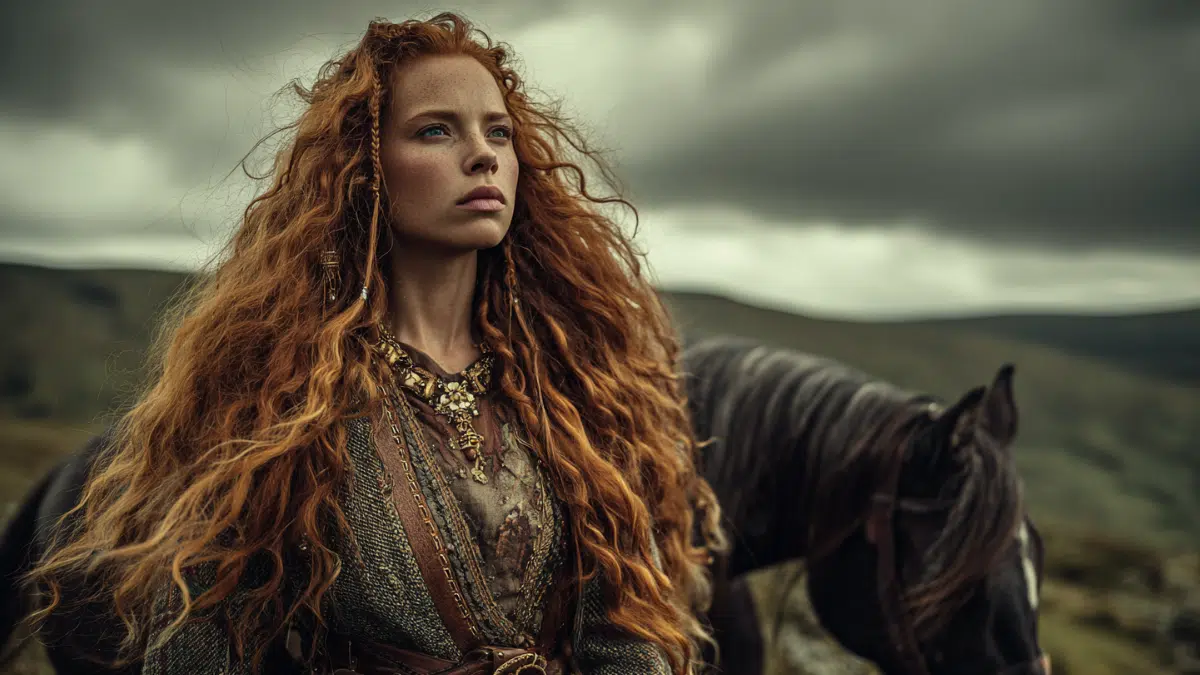 Celtic goddess Macha with long fiery red hair flowing in the wind, dressed in ancient Celtic warrior attire standing beside a powerful warhorse, stormy sky above rolling green hills