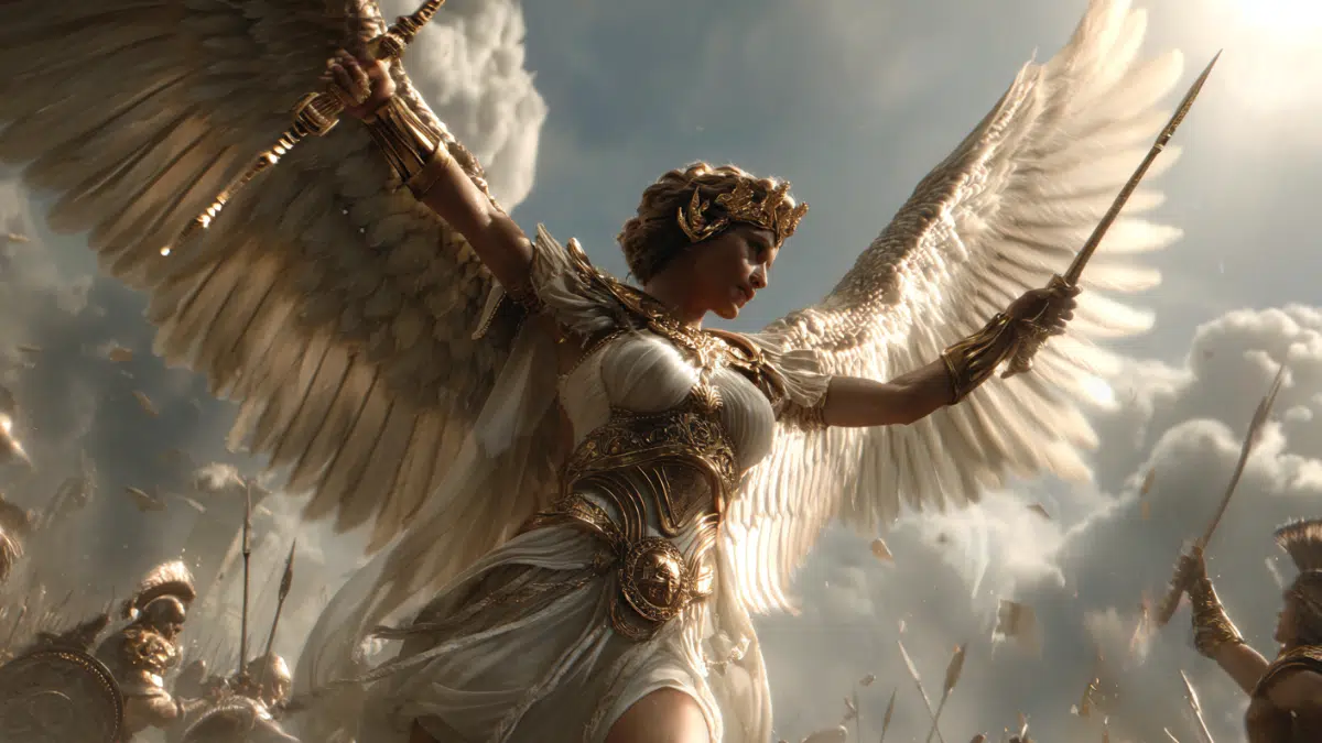 Nike, Greek goddess of victory, radiant and triumphant, graceful winged figure soaring above a battlefield, wearing flowing white and gold robes, holding a golden laurel wreath in one hand and a palm branch in the other, sunbeams breaking through clouds behind her, ethereal wings outstretched and glowing