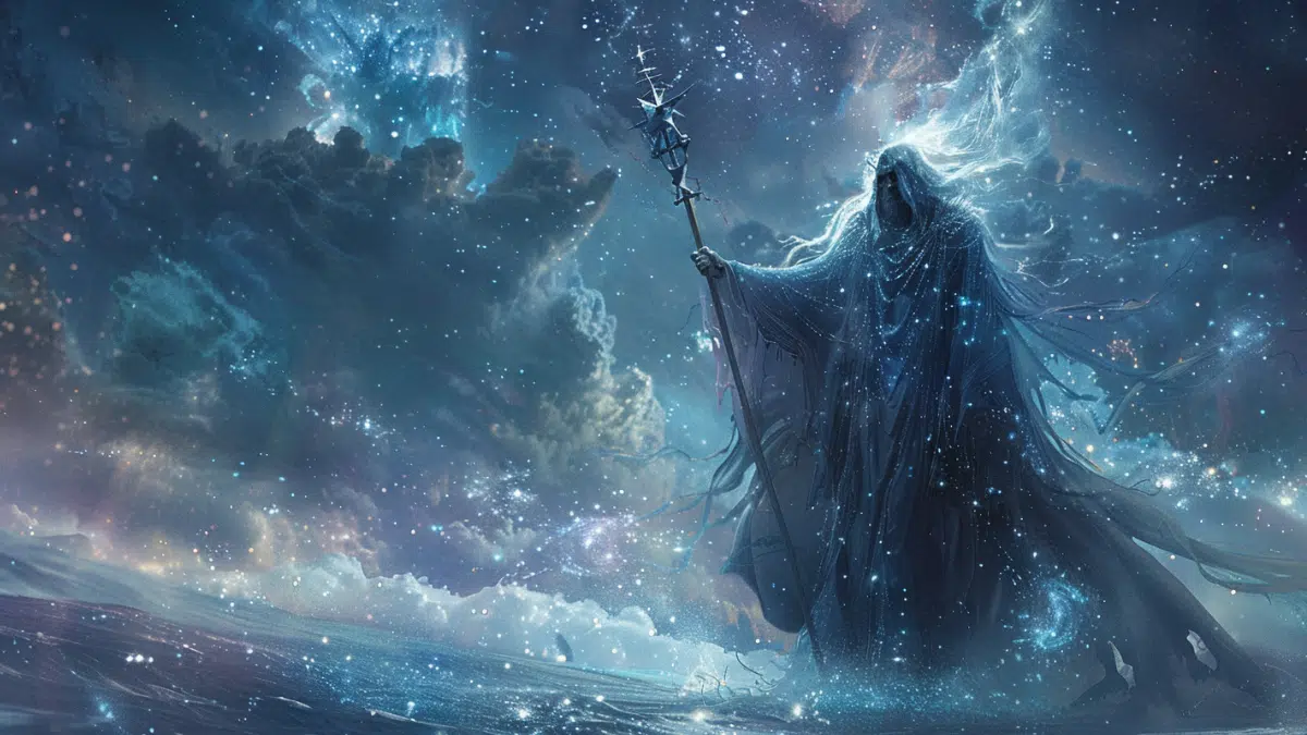 Crius, one of the twelve original Titans, towering and regal, draped in star-filled celestial robes, powerful and commanding presence, holding a staff topped with constellations, deep space and shimmering stars behind him, cosmic energy swirling around, faint hints of turbulent sea waves