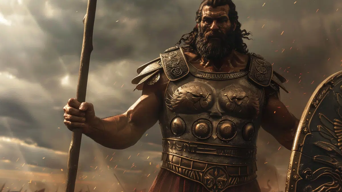 Pallas, Titan of warcraft, discipline, and strength, towering figure in ancient Greek armor, muscular build, stern and commanding expression, holding a long spear and shield, wearing a bronze breastplate with intricate engravings, windswept battlefield in the background, stormy skies