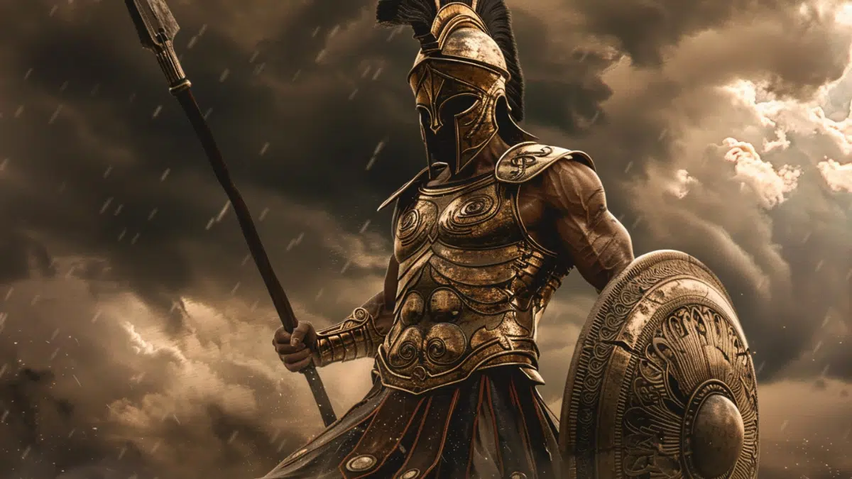 Pallas, Titan of warcraft, discipline, and strength, towering figure in ancient Greek armor, muscular build, stern and commanding expression, holding a long spear and shield, wearing a bronze breastplate with intricate engravings, windswept battlefield in the background, stormy skies