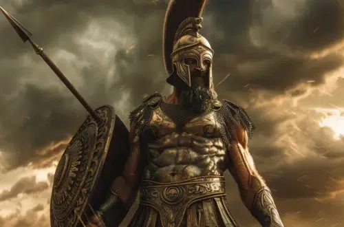 Pallas, Titan of warcraft, discipline, and strength, towering figure in ancient Greek armor, muscular build, stern and commanding expression, holding a long spear and shield, wearing a bronze breastplate with intricate engravings, windswept battlefield in the background, stormy skies