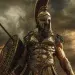 Pallas, Titan of warcraft, discipline, and strength, towering figure in ancient Greek armor, muscular build, stern and commanding expression, holding a long spear and shield, wearing a bronze breastplate with intricate engravings, windswept battlefield in the background, stormy skies