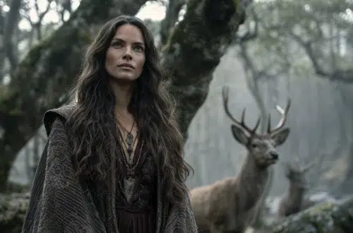 Celtic goddess with flowing dark brown hair standing deep within an ancient forest, with a stag stands nearby