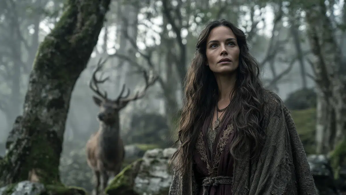 A powerful Celtic goddess with flowing dark brown hair standing deep within an ancient forest, a stag stands nearby, alert and calm,