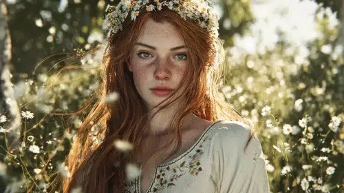 Celtic woman standing in a lush Irish meadow in late spring, soft golden sunlight streaming through trees behind her, natural sun halo effect caused by backlighting, long flowing auburn hair moving gently in the breeze