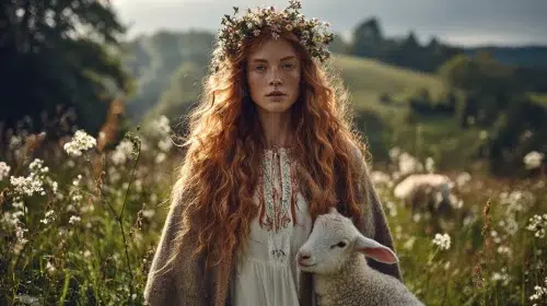 Celtic woman standing in a blooming Irish meadow in early spring, surrounded by wildflowers and fresh green grass, soft morning sunlight shining from behind her, wool shawl draped loosely over shoulders, delicate crown of wild spring flowers, a small baby lamb standing gently beside her