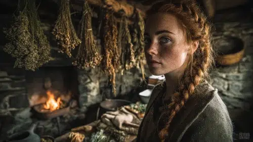 a Celtic woman inside a rustic stone cottage in ancient Ireland, fire burning in hearth behind her, one hand holding a simple iron tool, the other resting near bundles of dried herbs hanging from wooden beams, warm firelight casting soft shadows