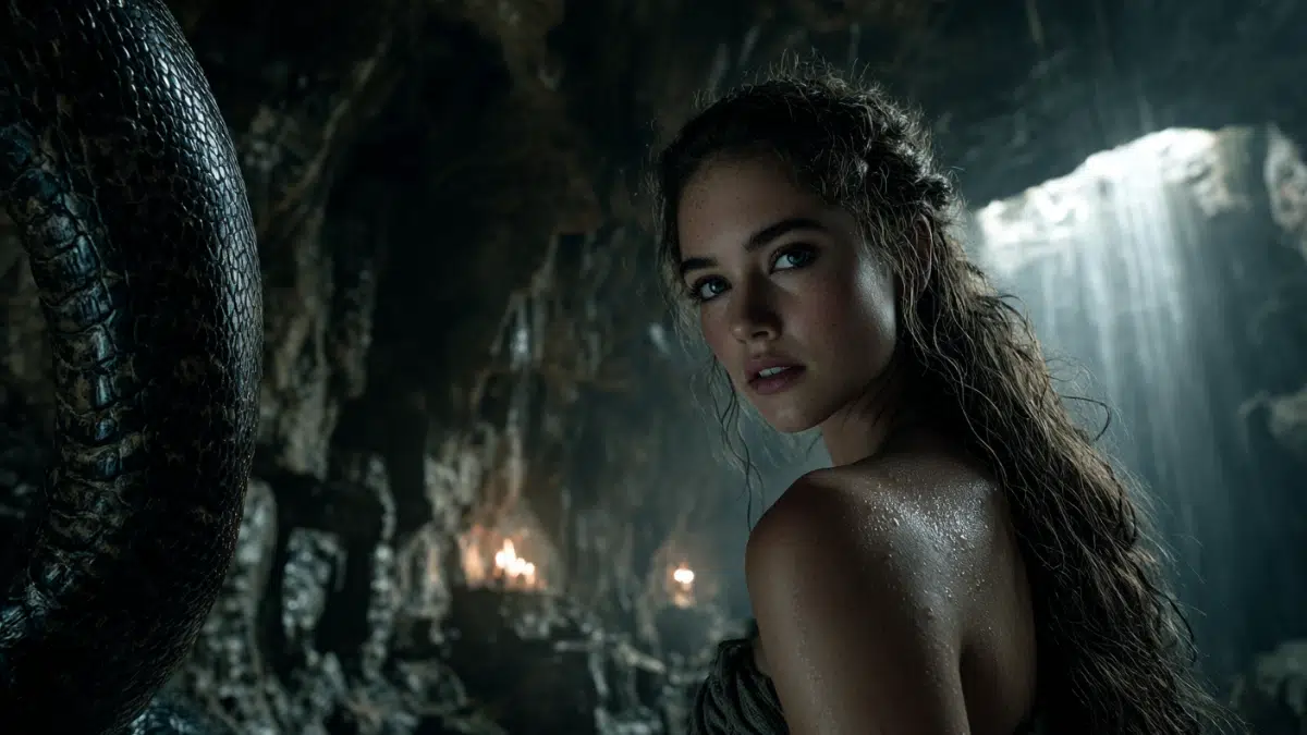 beautiful woman Echidna from Greek mythology inside a deep underground cave
