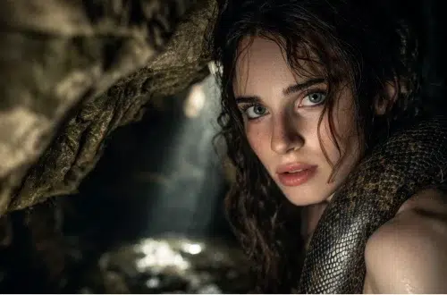 close up of Echidna from Greek mythology, beautiful woman from the waist up in a dark cave