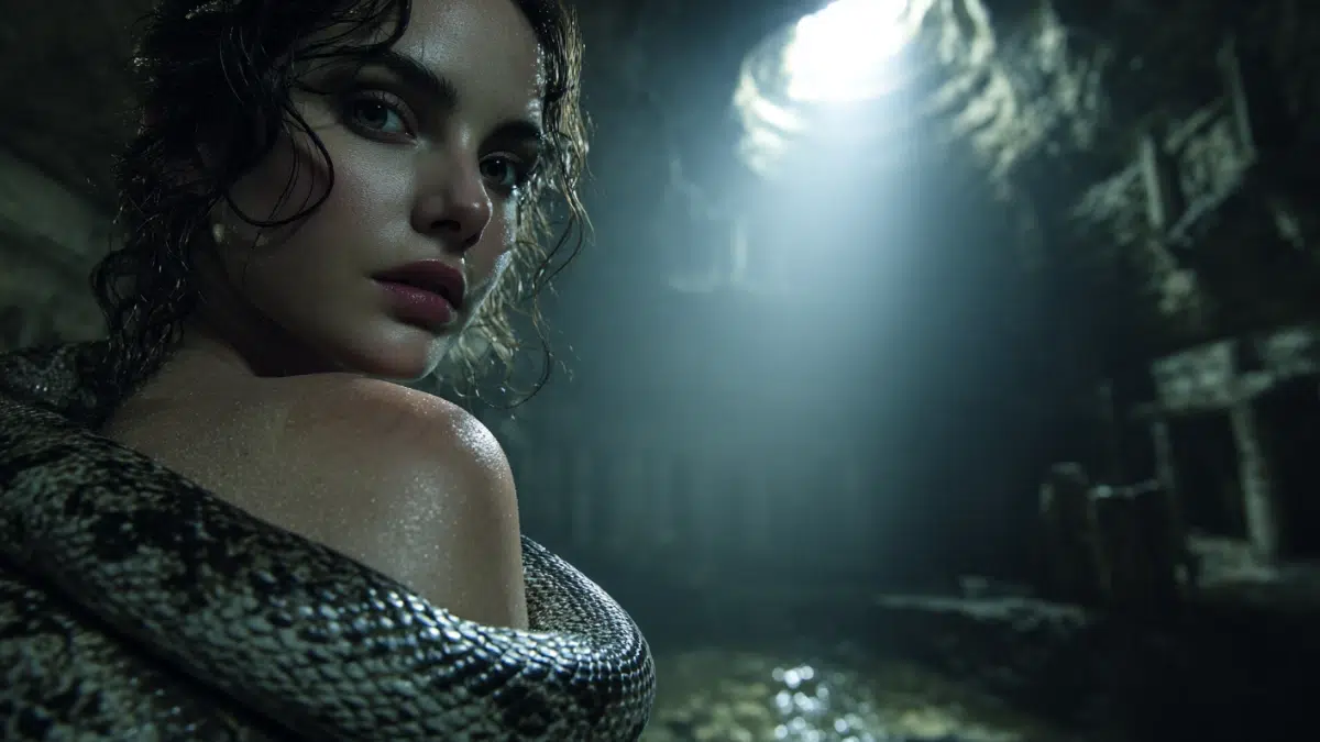 Echidna from Greek mythology inside a deep underground cave, beautiful woman