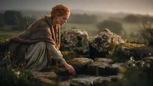 Celtic woman kneeling beside a natural stone well in the Irish countryside at dawn, mist rising over green fields, soft golden light, simple white linen dress with wool shawl,