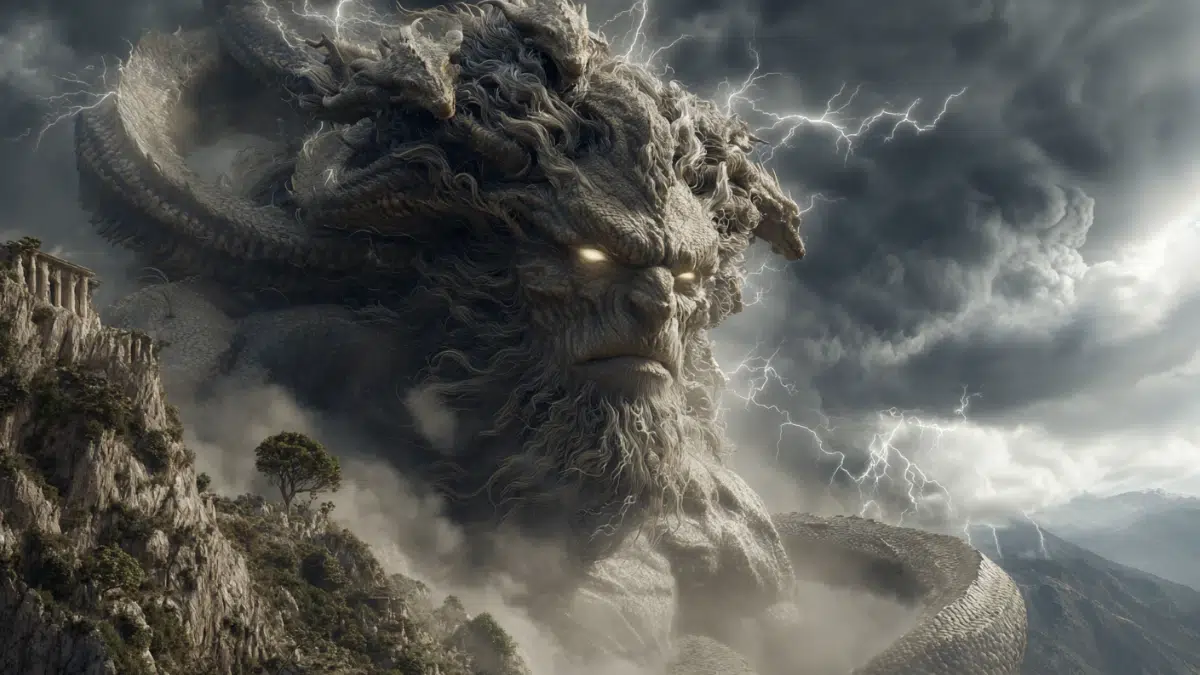 Typhon from Greek mythology towering head over a rugged ancient landscape during a violent thunderstorm, , long wild dark hair whipping in the wind