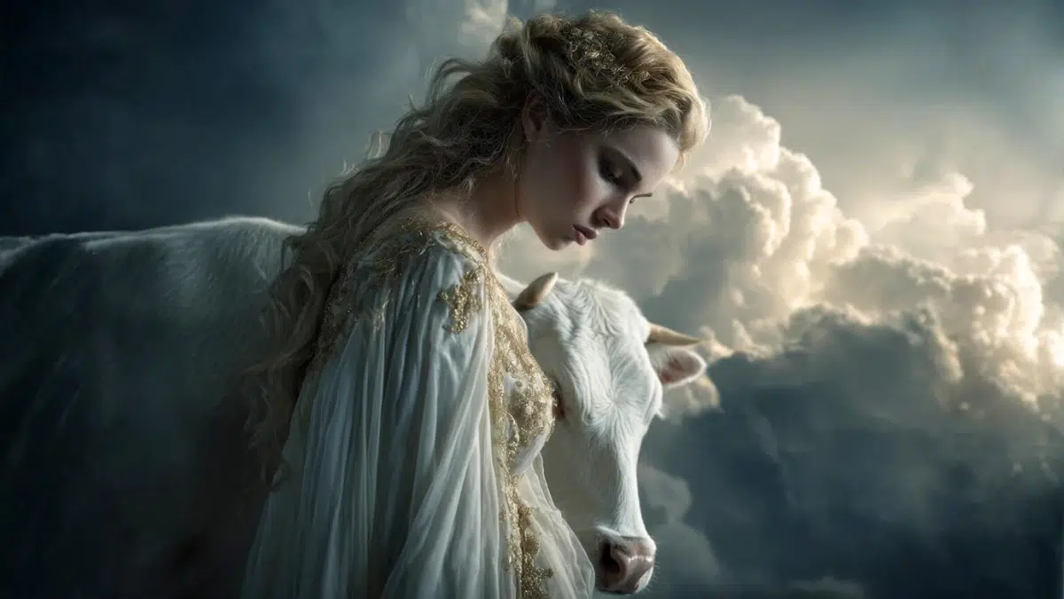 Ion stands beside a white cow