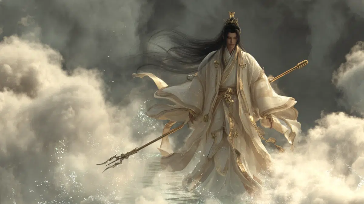 Izanagi, divine male Shinto creator deity, holding the jeweled spear Amenonuhoko, long dark hair flowing in the wind, traditional early Japanese robes in celestial clouds