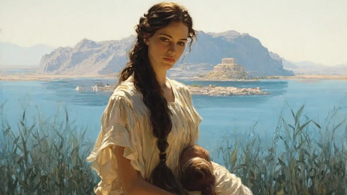 Greek woman in a white tunic sits with a Greek island and sea behind her holding two babies