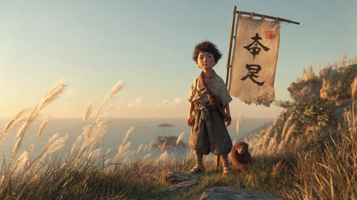Momotaro, legendary Japanese folk hero known as Peach Boy, young boy around 10-12 years old standing confidently on a grassy hill, traditional simple Japanese village clothing from early folklore period, short tied sash, small banner on his back with Japanese character symbol
