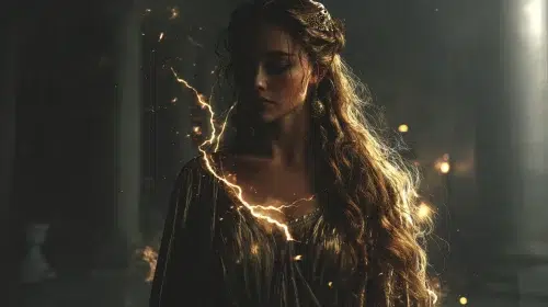 woman with long hair is surrounded by lightening