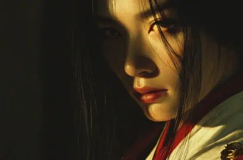 Close-up cinematic portrait of Amaterasu, Japanese sun goddess, half of her face emerging from deep shadow as golden sunlight radiates from behind her, soft warm glow outlining her long black hair