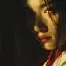 Close-up cinematic portrait of Amaterasu, Japanese sun goddess, half of her face emerging from deep shadow as golden sunlight radiates from behind her, soft warm glow outlining her long black hair