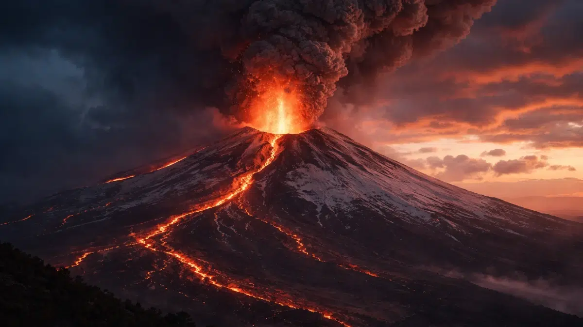 scene of Mount Etna at night during a volcanic eruption, lava flowing down the mountainside under a dark stormy sky