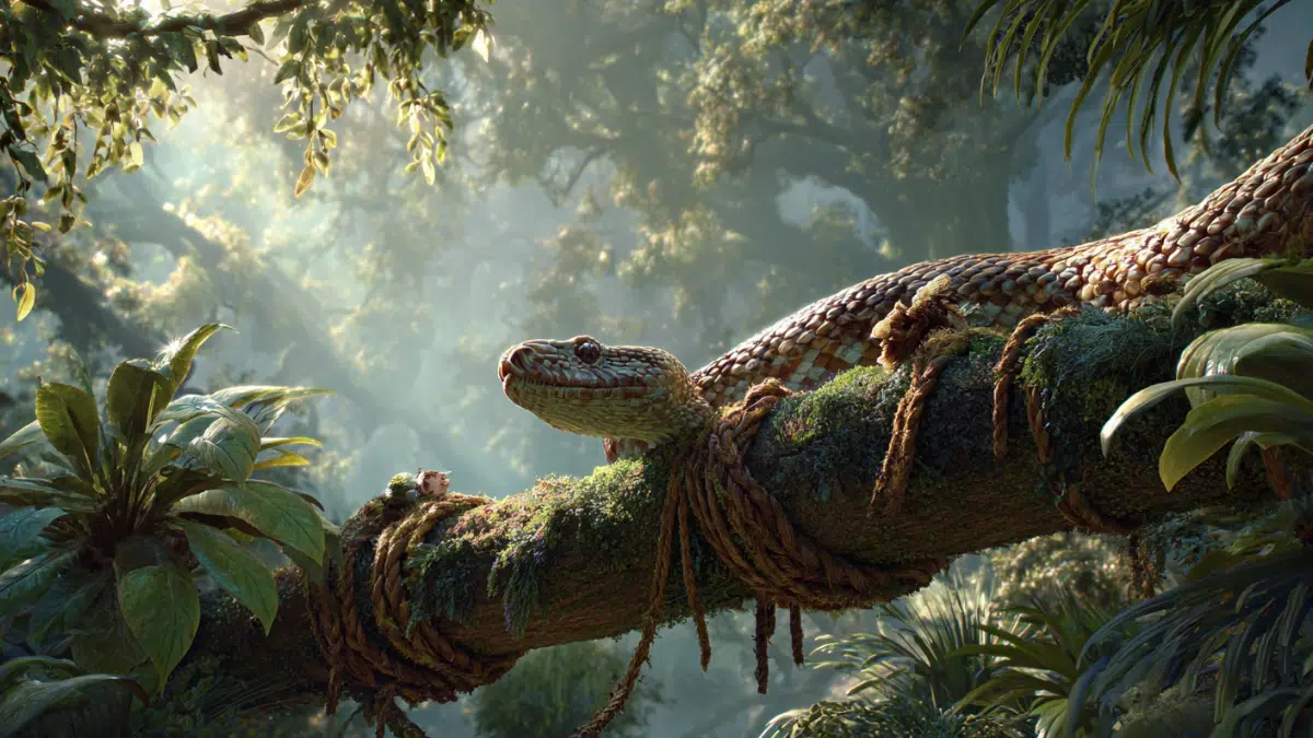 Anansi the Spider tricking the giant python Onini in West African folklore, the massive snake stretched along a tree branch while the tiny spider cleverly ties ropes around it, dense tropical forest setting, sunlight filtering through jungle leave