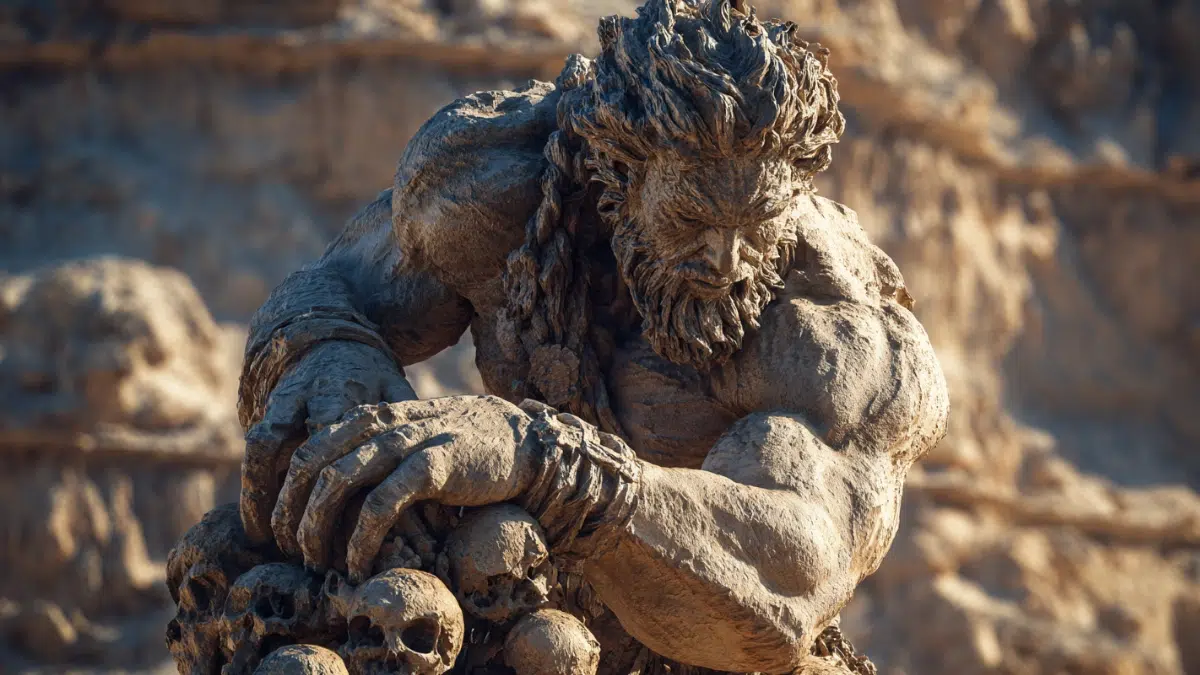 Antaeus from Greek mythology, towering desert giant in ancient Libya with immense muscular strength, wild hair and beard, gripping a defeated warrior after a brutal wrestling match, skulls and bones piled nearby