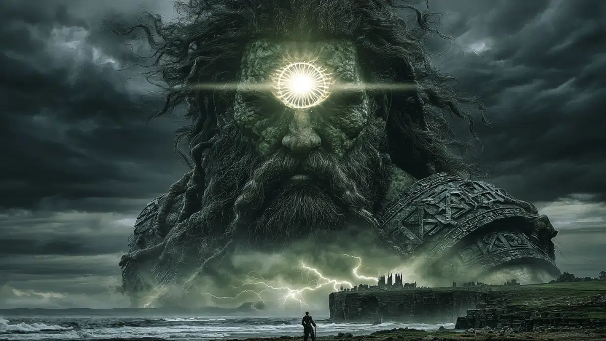 Balor of the Evil Eye from Irish mythology, terrifying giant leader of the Fomorians, colossal ancient warrior with one massive glowing eye in the center of his face