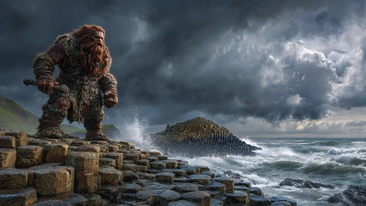 Benandonner, colossal Scottish giant from Irish folklore, towering across the sea from Ireland, massive muscular giant with wild red hair and beard standing on rugged coastal cliffs, the Giant’s Causeway stretching across the ocean