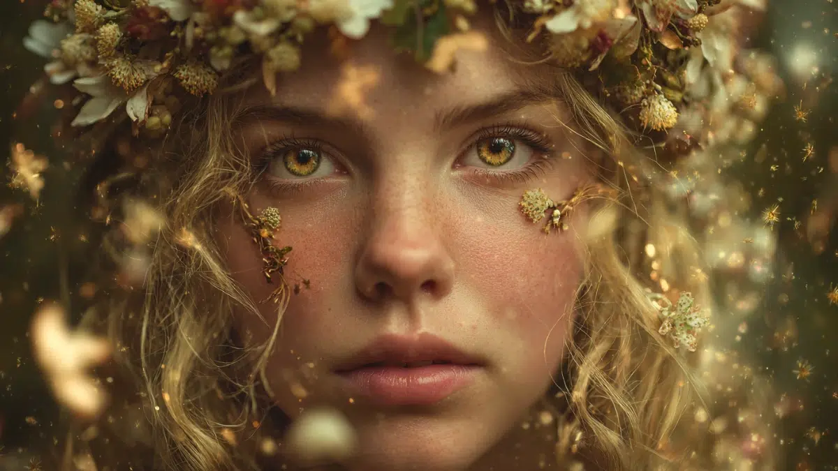 portrait of Blodeuwedd, the woman made of flowers from Welsh mythology, her face formed from delicate blossoms of oak, broom, and meadowsweet, soft petals woven into her hair and skin, floral crown and glowing petals drifting through the air