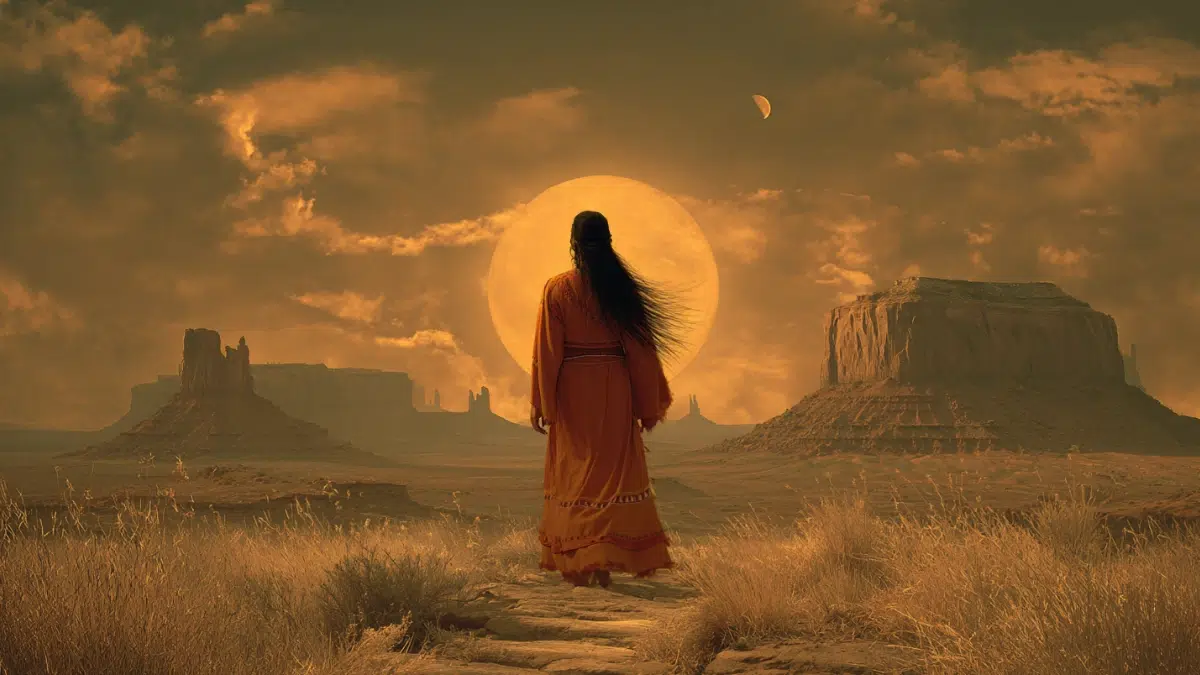 Changing Woman transforming through the cycles of life, a woman walking toward the eastern horizon as she ages and becomes young again