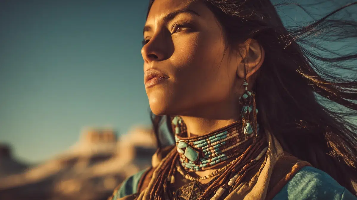 Close portrait of Changing Woman, calm and powerful expression, long dark hair flowing in desert wind, traditional Navajo inspired clothing and turquoise jewellery, sacred mountains and wide desert sky in the background