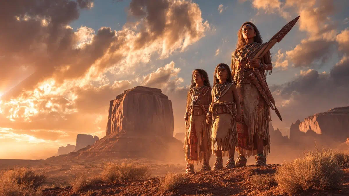 Changing Woman with her twin sons Monster Slayer and Born for Water, two young warrior twins standing beside their mother beneath the bright desert sun, dramatic red rock landscape and sacred mountains behind them