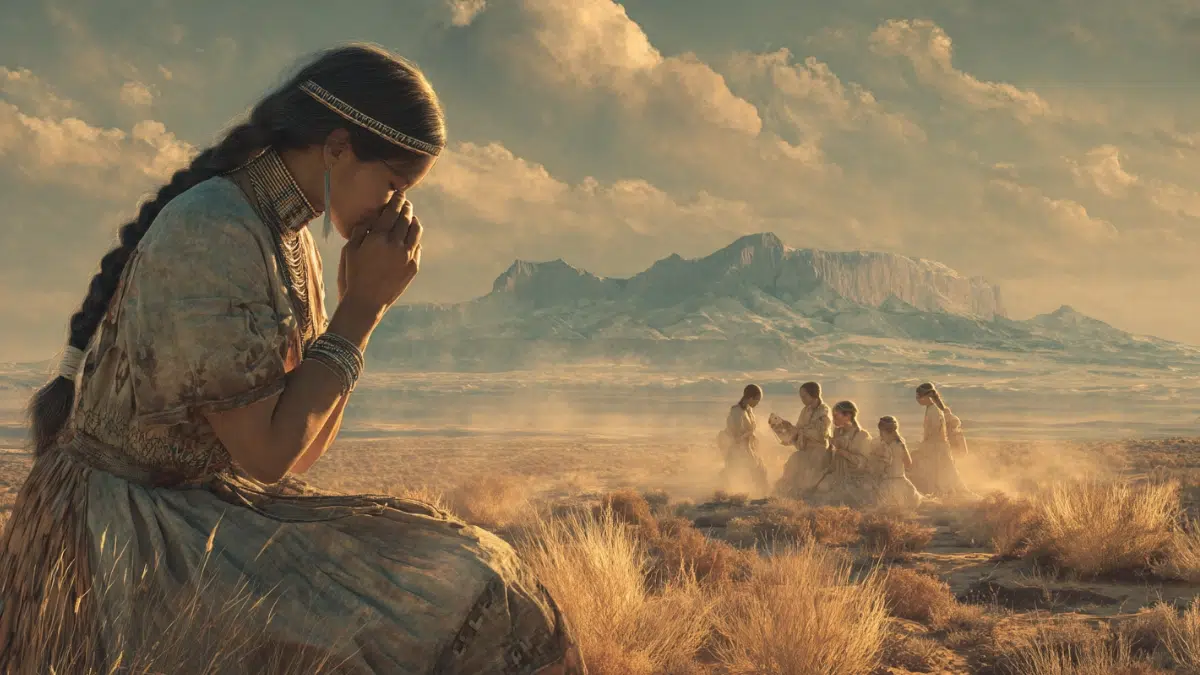 Mythological scene of Changing Woman creating the first Diné people, a serene woman in traditional Navajo inspired clothing gently rubbing her skin as glowing human figures emerge before her