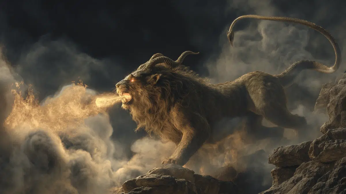 The Chimera from Greek mythology, a terrifying fire breathing monster with the body of a lion, a goat’s head rising from its back, and a long serpent tail coiling behind it, flames pouring from its mouth, glowing eyes