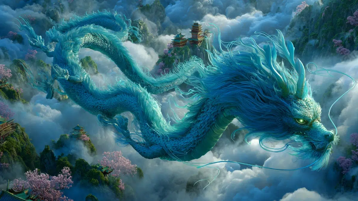 Chinese mythology scene of the Azure Dragon (Qinglong), a long elegant celestial dragon with shimmering blue and turquoise scales soaring through the eastern sky, flowing whiskers and horns, glowing eyes