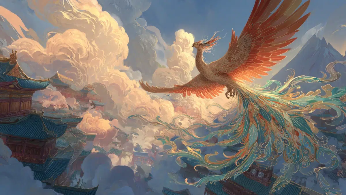 Chinese mythology scene of the Fenghuang, the legendary Chinese phoenix, a graceful bird with flowing golden and crimson feathers soaring through the sky above ancient Chinese palaces and mountains, long elegant tail feathers trailing behind
