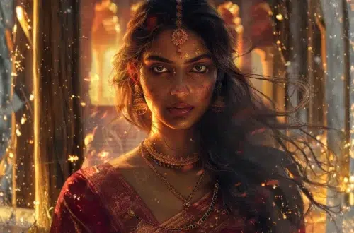Close-up portrait of Draupadi from the Mahabharata, radiant ancient Indian queen with deep brown skin, long flowing black hair, expressive dark eyes, wearing rich red and gold silk sari, intricate gold jewellery, subtle flame glow around her silhouette